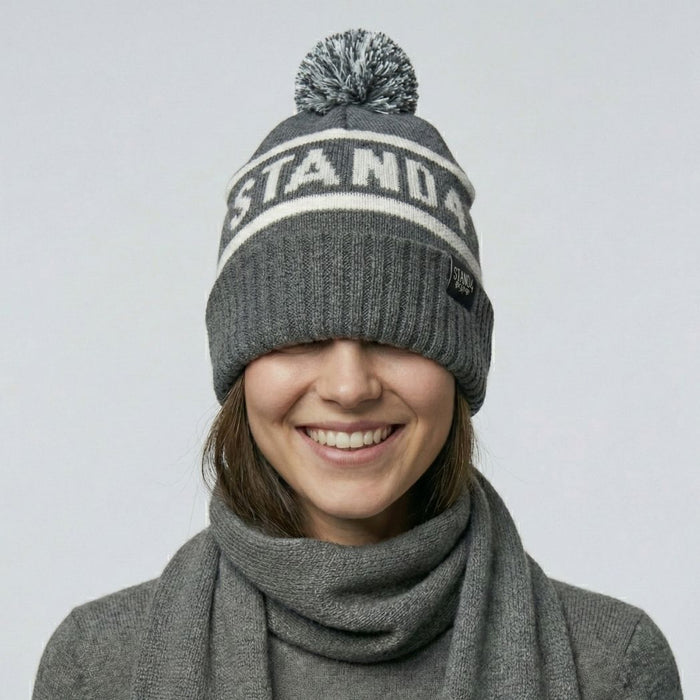 Stand4 Jacquard Grey Beanie with Pompom and Patch