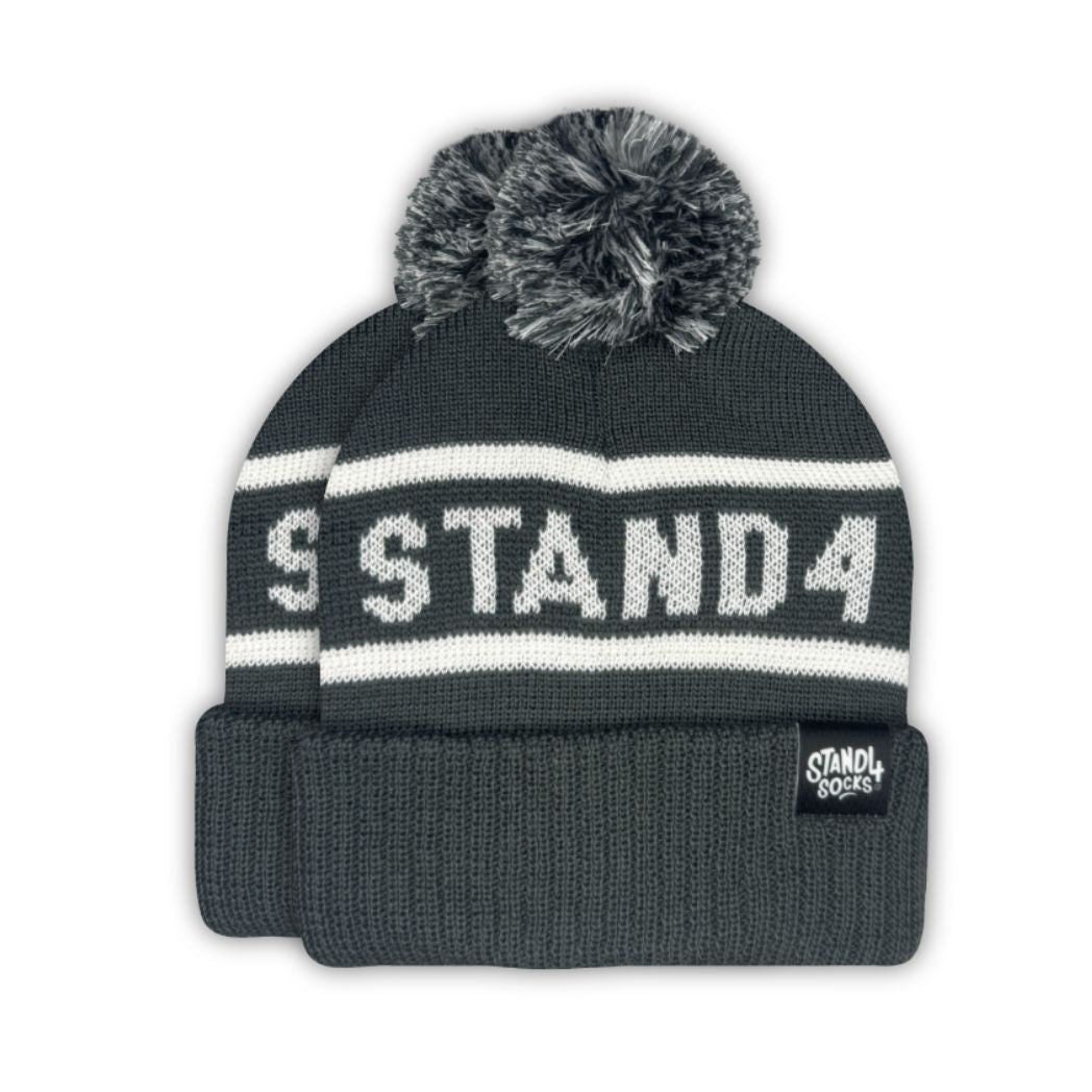 Stand4 Jacquard Grey Beanie with Pompom and Patch