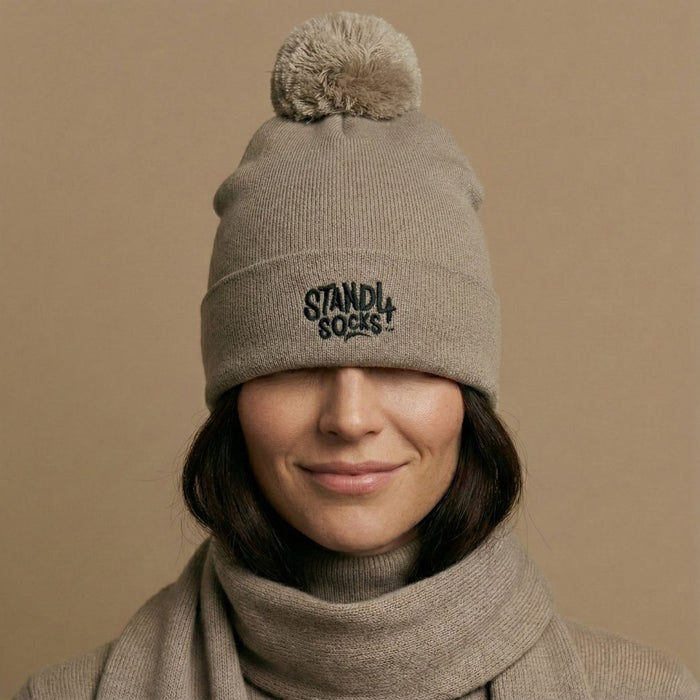 Stand4 Jacquard Beige Beanie with Pompom and Patch