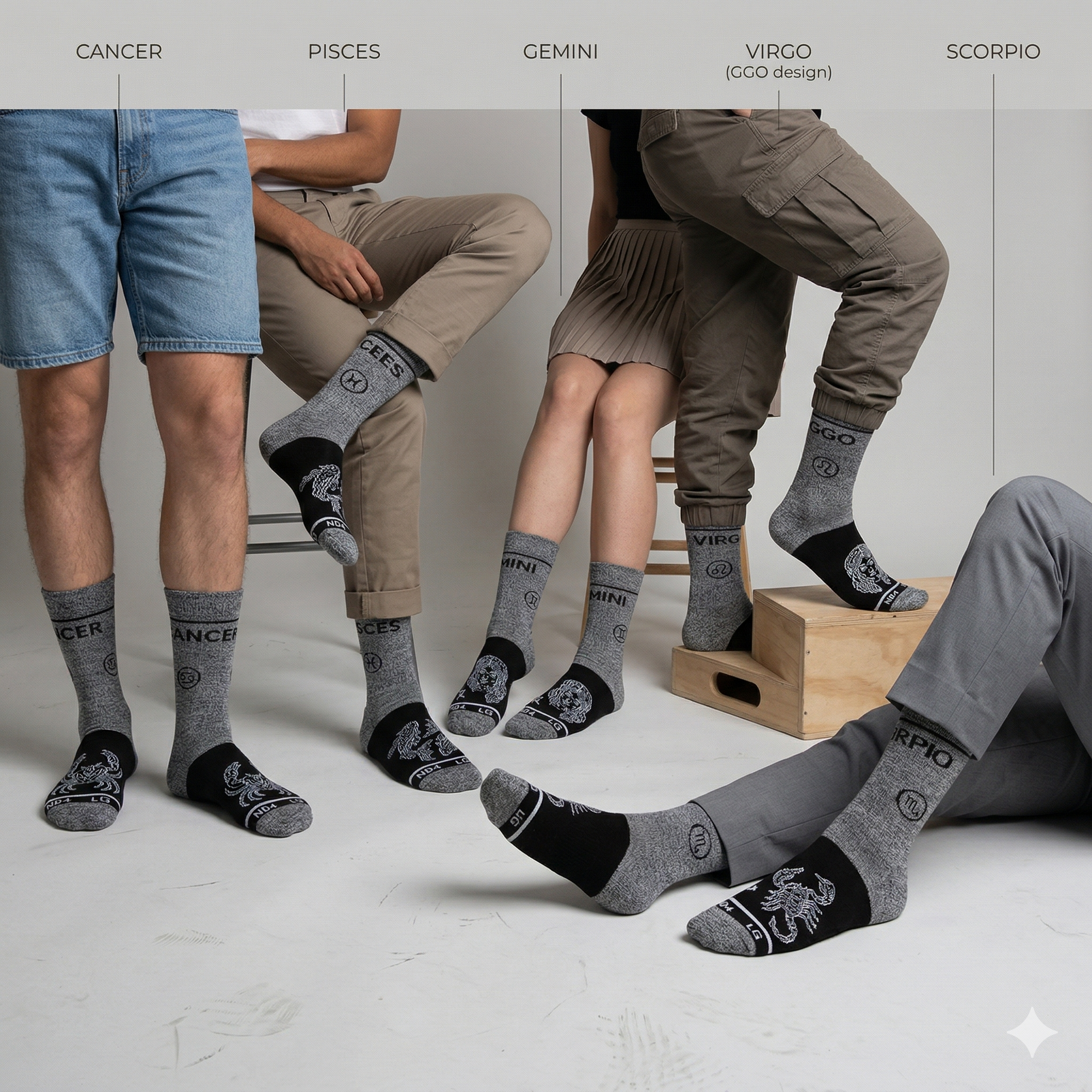 People wearing socks with zodiac designs on a neutral background