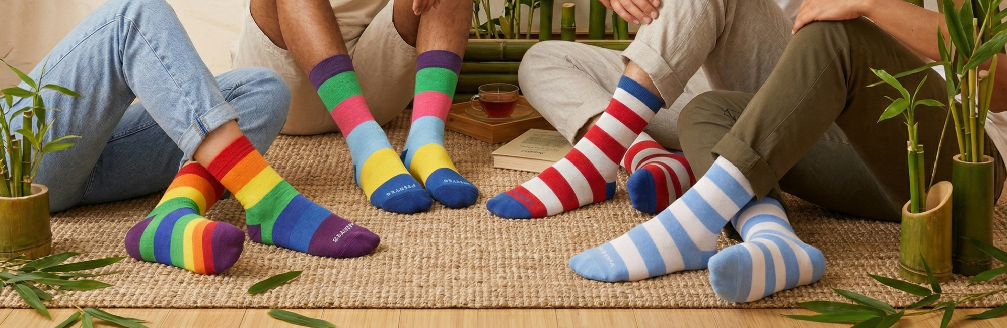 Three people sitting on the floor wearing colorful socks with bamboo plants in the background.