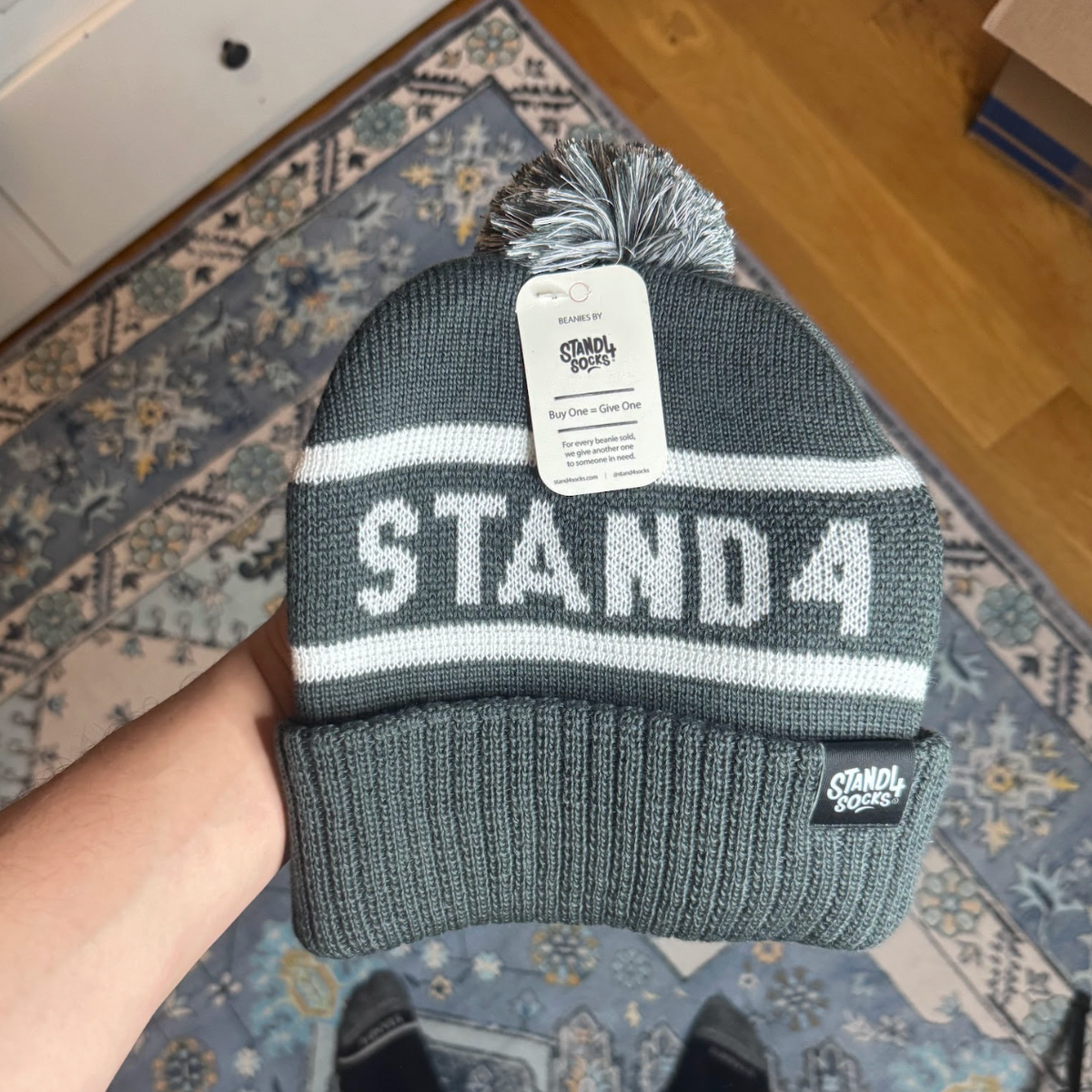 Stand4 Jacquard Grey Beanie with Pompom and Patch